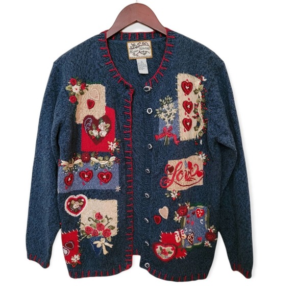 Sweater Heirloom Collectibles Women Embroidered Button Up Love Theme - Picture 1 of 9